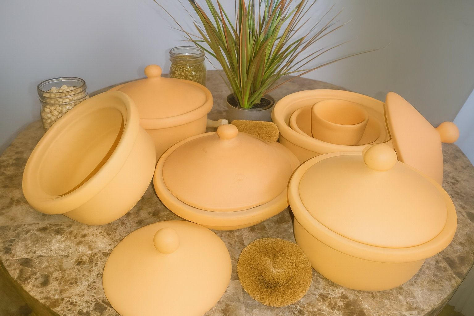 Eco-friendly Miriam's Earthen Cookware 5-piece pots and pans set, shown with exclusive discount and complimentary items, perfect for healthy, non-toxic cooking.